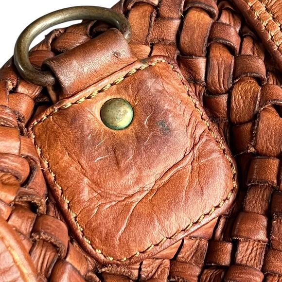 Bruno Magli Woven Leather Satchel Weekender Travel Bag Cognac Brown - Picture 12 of 16